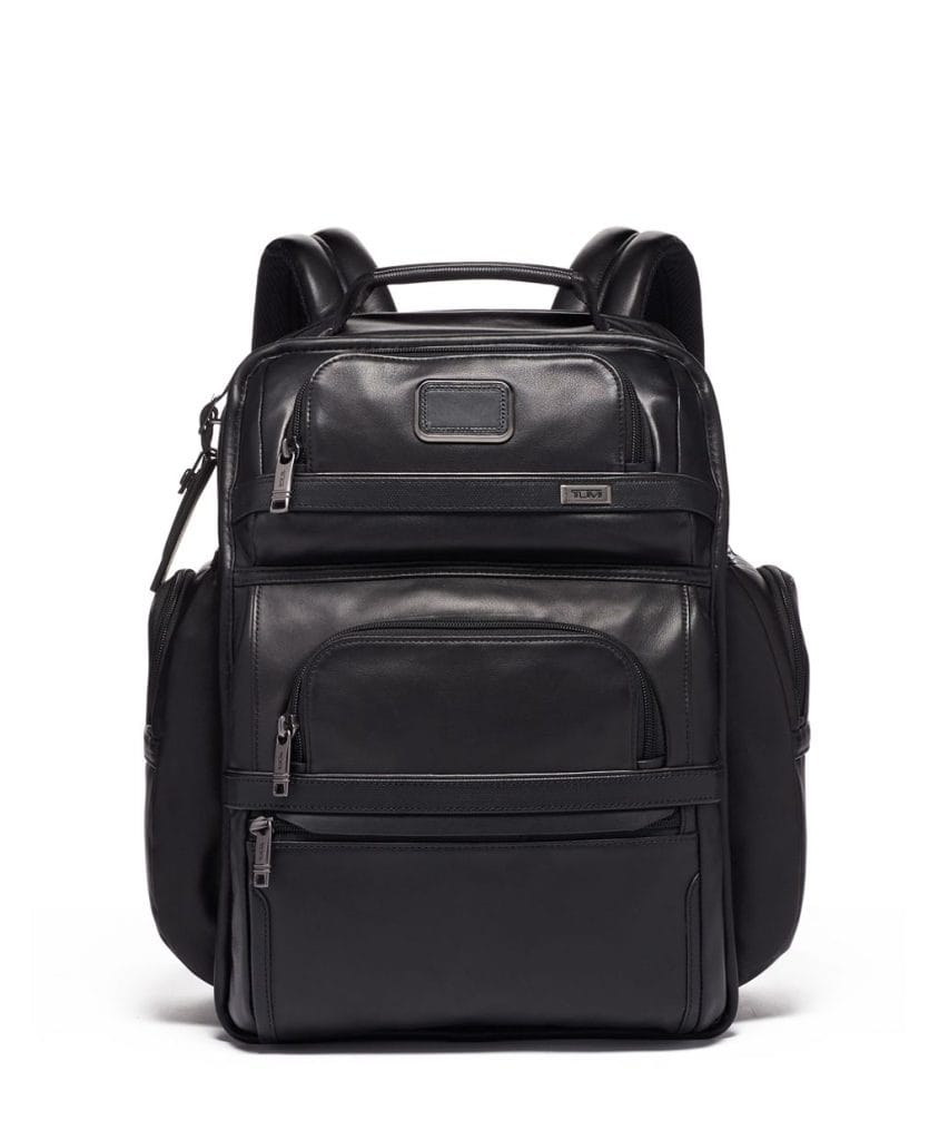TUMI leather backpack collection.